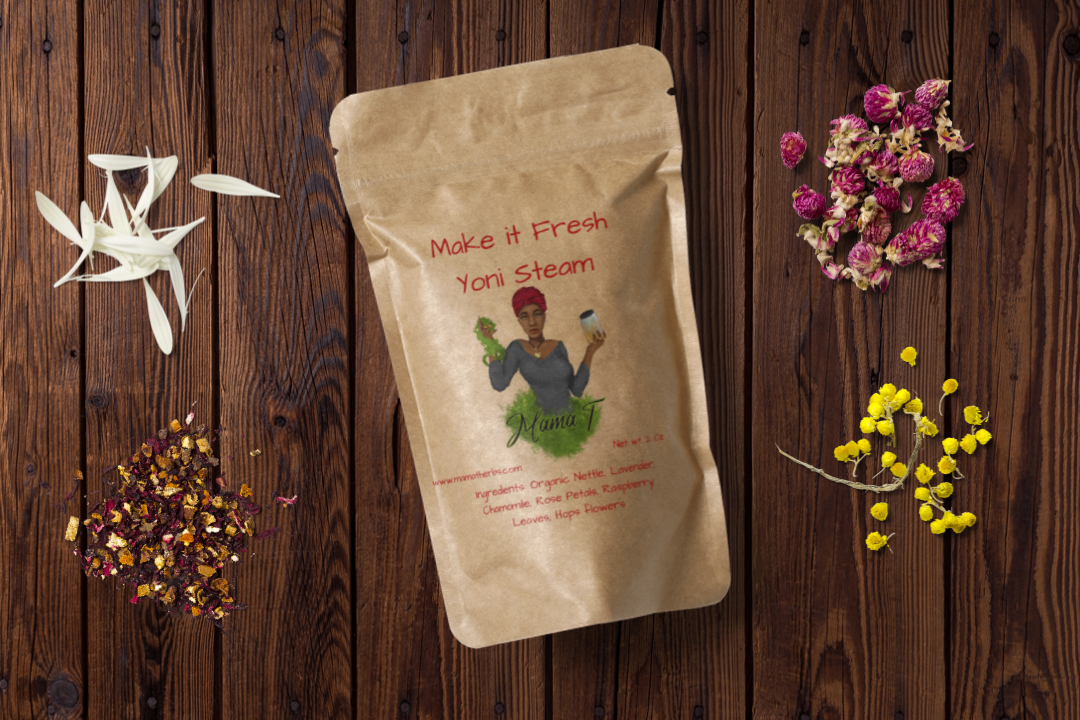 yoni steam package surrounded by natural herbs