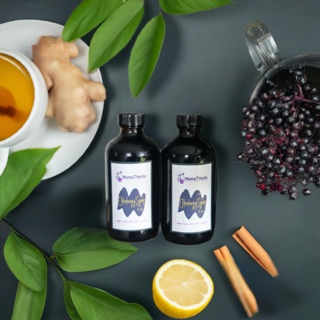 lemons cinnamon and tumeric surrounding elderberry syrup bottles